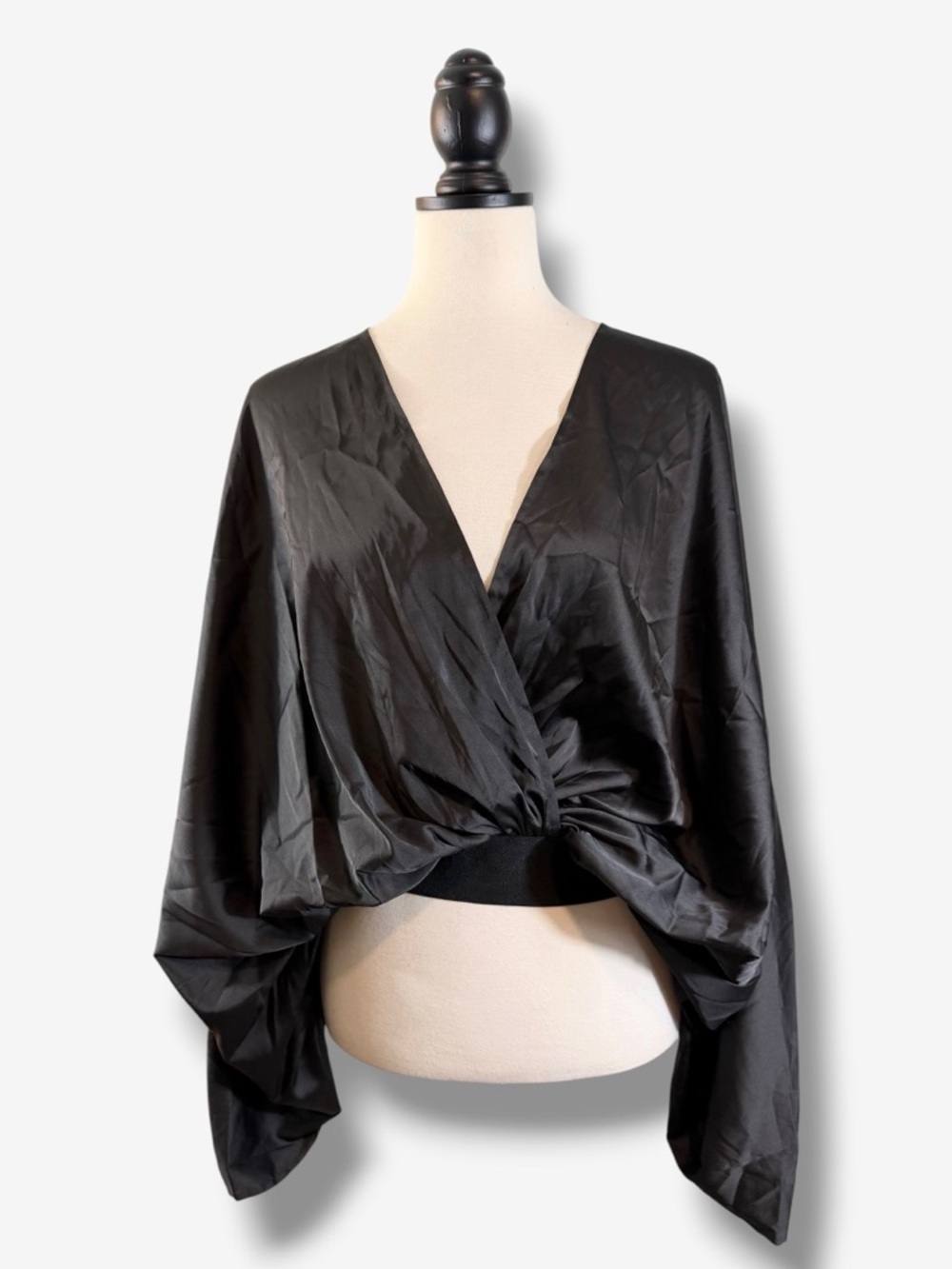 Black Satin Draped Open Back Blouse Size L Dolman Kimono Sleeve Minimalist Goth - Picture 3 of 12